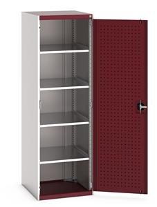 40019125.** Heavy Duty Bott cubio cupboard with perfo panel lined hinged doors. 650mm wide x 650mm deep x 2000mm high with 4 x100kg capacity shelves....